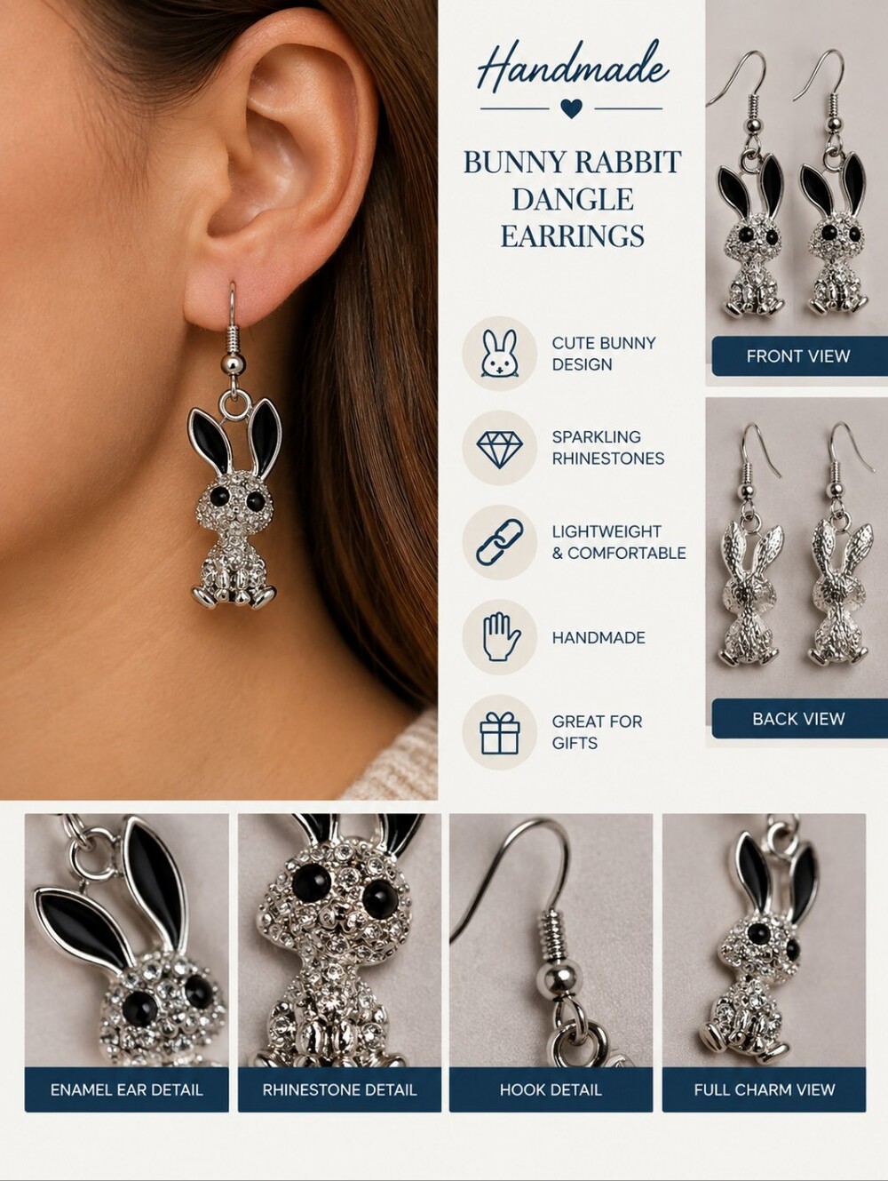 New handmade bunny rabbit silver dangle earrings #36